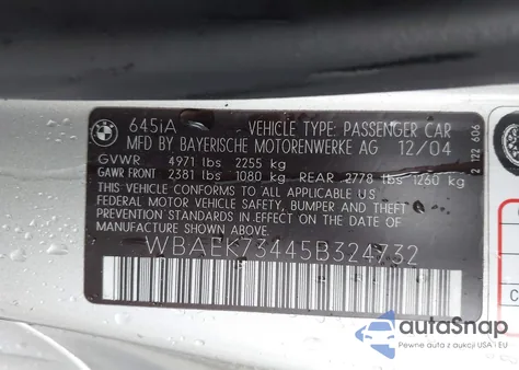 2005 BMW 645Ci from USA, damaged, VIN WBAEK73445B324732